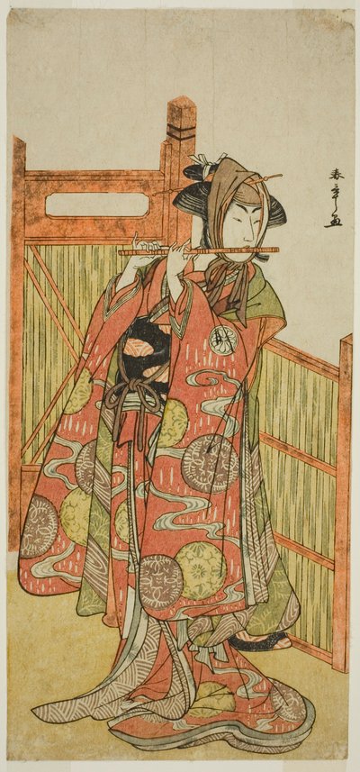 Skuespilleren Segawa Kikunojo III som Kojoro-gitsune forklædt som blomsterhandleren Okiku i stykket Mure Takamatsu Yuki no Shirahata, opført på Ichimura Theatre i den ellevte måned, 1780 af Katsukawa Shunsho