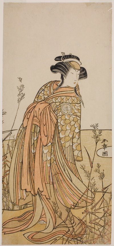 Skuespilleren Segawa Kikunojo III som Spirit of a Mandarin Duck (Oshidori) forklædt som Tagasode, i skuespillet Hana-zumo Genji Hiiki, opført på Nakamura Theatre i den ellevte måned, 1775 af Katsukawa Shunsho
