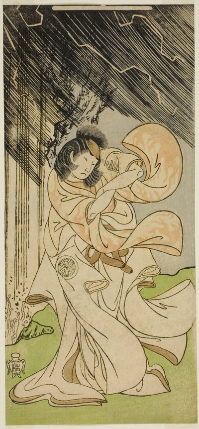 Skuespilleren Yamashita Kinsaku II som en tordengudinde i stykket Onna Narukami, opført på Morita Theatre i den første måned, 1770 af Katsukawa Shunsho