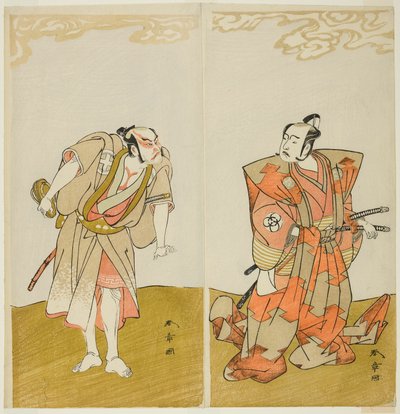 Skuespillerne Bando Mitsugoro I som Hata no Kawakatsu (til højre) og Otani Hiroemon III som tjeneren (Yakko) Gansuke (venstre), i stykket Miya-bashira Iwao no Butai (Shrine Pillars on a Stone Base), opført på Morita Teater fra den femtende dag t af Katsukawa Shunsho