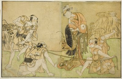 Skuespillerne Bando Zenji I som Nagahashi Saburo, Iwai Hanshiro IV som Otatsu-gitsune, Nakamura Konozo som Hagai Ujitsune og en uidentificeret skuespiller (højre mod venstre), i Play Nue no Mori Ichiyo no Mato, opført på Nakamura Theatre i ellevte måned, af Katsukawa Shunsho