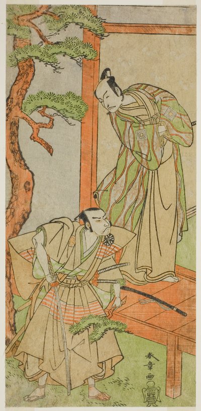 Skuespillerne Ichikawa Danjuro V som Momonoi Wakasanosuke (til højre) og Nakamura Nakazo I som Kakogawa Honzo (til venstre), i skuespillet Kanadehon Chushingura, opført på Nakamura Theatre i den femte måned, 1771 af Katsukawa Shunsho