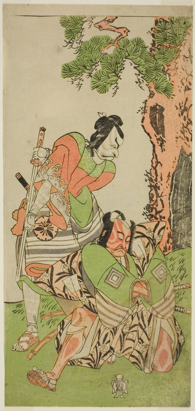 Skuespillerne Ichikawa Danzo III som I no Hayata Tadazumi (til højre) og Matsumoto Koshiro II som Osada no Taro Kagemune forklædt som Yatsurugi Zaemon (til venstre), i stykket Nue no Mori Ichiyo no Mato, opført på Nakamura Theatre i den ellevte måned , 177 af Katsukawa Shunsho