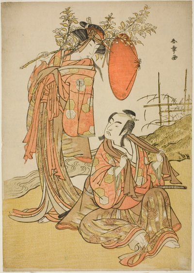 Skuespillerne Ichikawa Monnosuke II og Segawa Kikunojo III som de elskende Seijuro (til højre) og Onatsu (til venstre), i Elopement-scenen "Michiyuki Hiyoku no Kiku-cho" (An Elopemet: Chrysanthemum-and-Butterfly Lovebirds), et dansemellemspil fra Anden del af Katsukawa Shunsho