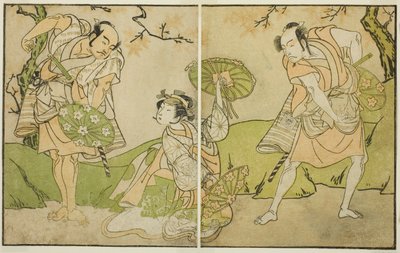 Skuespillerne Ichikawa Somegoro (til højre), Segawa Kikunojo II (i midten) og Bando Sampachi (til venstre), i uidentificerede roller i stykket Myoto-giku Izu no Kisewata, opført på Ichimura Theatre i den ellevte måned, 1770 af Katsukawa Shunsho