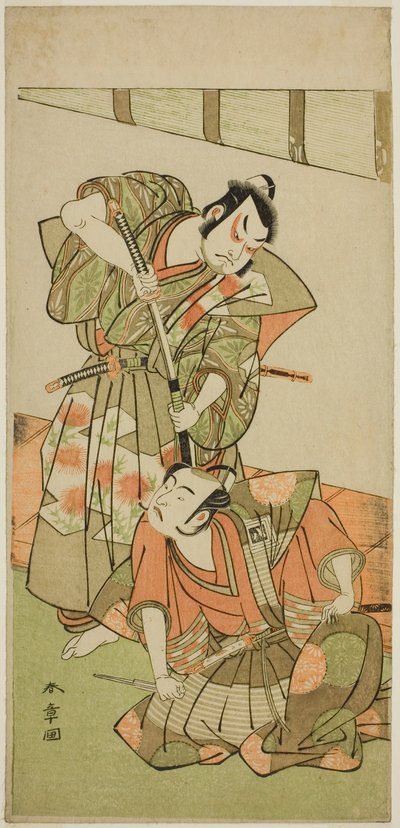 Skuespillerne Ichikawa Yaozo II som Konoshita Hyokichi (?) (til højre), og Sakata Hangoro II som Matsunaga Daizen Hisahide (?) (til venstre), i skuespillet Gion Sairei Shinko Ki (?), opført på Ichimura Theatre (?) i den femte måned, 1775 (?) af Katsukawa Shunsho