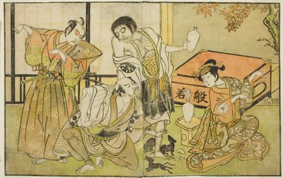 Skuespillerne Iwai Hanshiro IV som Otatsu-gitsune, Nakamura Nakazo I som Raigo Ajari, Sakata Tojuro III som Kamada Gon-no-kami Masayori og Ichikawa Yaozo II som Sakon-gitsune (højre mod venstre) i stykket "Nue no Mori" Ichiyo no Mato," optrådte på Nakamura af Katsukawa Shunsho
