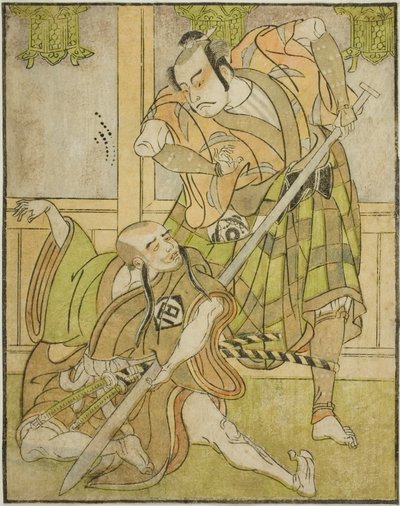 Kasaya Matakuro II som Nobuyori forklædt som Yakko Gunnai (til højre), og Miyazaki Hachizo som lægmunk Hambyo Nyudo (til venstre), i stykket Nue no Mori Ichiyo no Mato, opført på Nakamura Theatre i den ellevte måned, af Katsukawa Shunsho