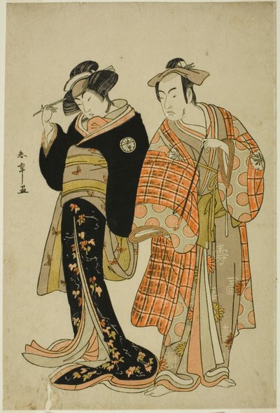 Skuespillerne Matsumoto Koshiro IV og Segawa Kikunojo III som Lovers Choemon (højre) og Ohan (venstre), i Elopement-scenen "Michiyuki Segawa no Adanami" (An Elopement: Treacherous Waves in the Shallow River), et dansemellemspil fra anden del af Skuespillet af Katsukawa Shunsho