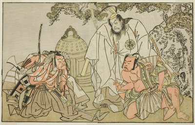 Skuespillerne Nakajima Mihoemon II som Aramaki Mimishiro (til højre), Matsumoto Koshiro II som Otomo no Yamanushi (i midten) og Ichikawa Danzo III som Hannya no Goro (til venstre), i stykket Kuni no Hana Ono no Itsumoji, opført på Nakamura Theatre i det el af Katsukawa Shunsho