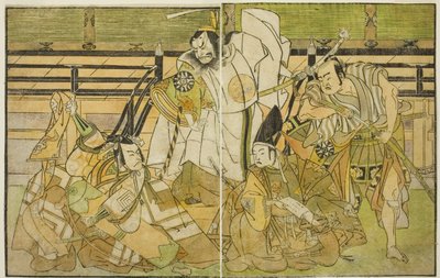 Skuespillerne Nakamura Denkuro II som Seno-o Taro, Ichikawa Komazo II som Yorimasa, Nakamura Nakazo I som Taira no Kiyomori og Ichikawa Danjuro V som Kiou Takiguchi (højre mod venstre), i Play Nue no Mori Ichiyo no Mato, opført kl. Nakamura Teatret i th af Katsukawa Shunsho