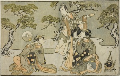 Skuespillerne Nakamura Nakazo I som Matsukaze (til højre), Ichikawa Komazo II som Ariwara no Yukihira (i midten) og Iwai Hanshiro IV som Murasame (til venstre), i skuespillet Kuni no Hana Ono no Itsumoji, opført på Nakamura Theatre i det ellevte Måned, 177 af Katsukawa Shunsho