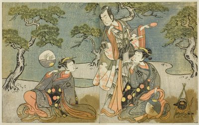 Skuespillerne Nakamura Nakazo I som Matsukaze (til højre), Ichikawa Komazo II som Ariwara no Yukihira (i midten) og Iwai Hanshiro IV som Murasame (til venstre), i skuespillet Kuni no Hana Ono no Itsumoji, opført på Nakamura Theatre i det ellevte Måned, 177 af Katsukawa Shunsho