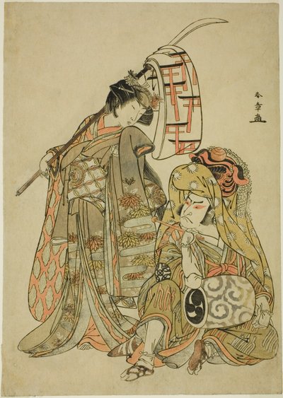 Skuespillerne Nakamura Nakazo I som Onmaya Kisanda klædt ud som løvedanseren Kakubei (Kakubei-jishi) (til højre) og Segawa Kikunojo III som Shizuka Gozen (til venstre), i dansesekvensen "Myoto-zake Kawaranu Nakanaka" (Everlasting Harmony of the Marital) )  af Katsukawa Shunsho