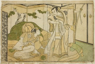 Skuespillerne Nakamura Nakazo I som Taira no Kiyomori (til højre) og Yamashita Kinsaku II som Tokiwa Gozen (til venstre), i Play Nue no Mori Ichiyo no Mato, opført på Nakamura Theatre i den ellevte måned, 1770 af Katsukawa Shunsho