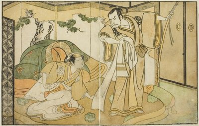Skuespillerne Nakamura Nakazo I som Taira no Kiyomori (til højre) og Yamashita Kinsaku II som Tokiwa Gozen (til venstre), i Play Nue no Mori Ichiyo no Mato, opført på Nakamura Theatre i den ellevte måned, 1770 af Katsukawa Shunsho