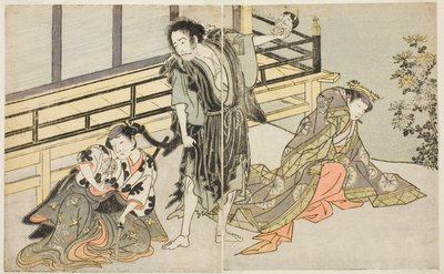 Skuespillerne Nakamura Noshio I som Nyosan no Miya (til højre), Ichikawa Danjuro V som Renegade Monk Yochin (i midten) og Yamashita Kinsaku II som Maid Mutsuhana (venstre), i stykket Fuki Kaete Tsukimo Yoshiwara, opført på Morita Theatre i de elleve af Katsukawa Shunsho