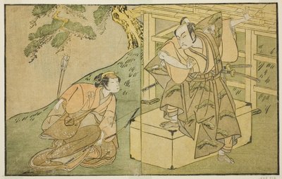 Skuespillerne Onoe Matsusuke I som Akaboshi Taro (til højre) og Azuma Tozo II som Shirotae (venstre), i skuespillet Kono Hana Yotsugi no Hachi no Ki, opført på Ichimura Theatre i den ellevte måned, 1771 af Katsukawa Shunsho