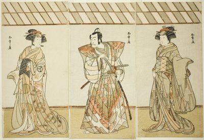 Skuespillerne Onoe Tamizo I som Nishikigi (?) eller Otae (?) (til højre), Ichikawa Danjuro V som Miura Heidayu Kunitae (?) (i midten), og Osagawa Tsuneyo II som Oyuki (?) (venstre), i Play Date Nishiki Tsui no Yumitori (?), opført på Morita Theatre (?) i E af Katsukawa Shunsho
