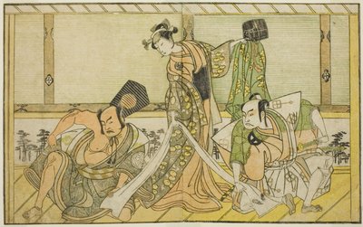 Skuespillerne Otani Hiroji III som Kawazu no Saburo (til højre), Segawa Kikunojo II som prinsesse Tatsu (Tatsu Hime) (i midten), og Nakamura Sukegoro II som Matano no Goro (til venstre), i stykket Myoto-giku Izu no Kisewata, opført på Ichimura-teatret i de af Katsukawa Shunsho