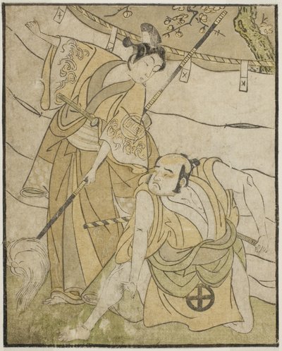 Skuespillerne Otani Tomoemon I som Emohei (til højre) og Sanogawa Ichimatsu II som Sanada Yoichi (til venstre), i skuespillet Myoto-giku Izu no Kisewata, opført på Ichimura Theatre i den ellevte måned, 1770 af Katsukawa Shunsho