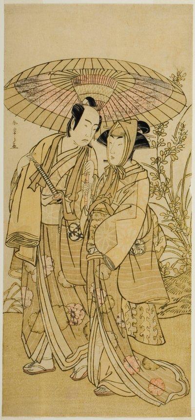 Skuespillerne Segawa Kikunojo III (til højre) som Ochiyo, og Bando Mitsugoro I (til venstre) som grønthandleren Hambei, i skuespillet Kabuki no Hana Bandai Soga, opført på Ichimura Theatre i den fjerde måned, 1781 af Katsukawa Shunsho