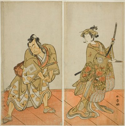 The Actors Segawa Kikunojo III as Aigo no Waka (right), and Ichikawa Yaozo II as Hachio-maru Aratora (left), in the Play Chigo Sakura Jusan Kane, Performed at the Ichimura Theater in the Eleventh Month, 1774 af Katsukawa Shunsho
