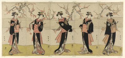 Skuespillerne Segawa Kikunojo III som Karigane Obun, Nakayama Tomisaburo I som An no Oyasu, Iwai Kiyotaro II som Kaminari no Osha, Nakayama Tatezo I som Gokuin no Osen og Ichikawa Monnosuke II som Hotei no Oichi (højre mod venstre) i "Gonin" Onna," Scene O af Katsukawa Shunsho