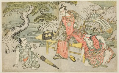Skuespillerne Tomizawa Hanzaburo II som Nagoya Sanzaemon (ofte kaldet Sanza) (til højre), Nakamura Juzo II som Fuwa Banzaemon (i midten) og en uidentificeret skuespiller som lommetyven Matsumoto Daishichi (til venstre), i stykket Fuki Kaete Tsukimo Yoshiwa af Katsukawa Shunsho