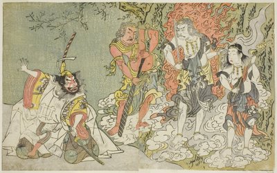 Stykket Fuki Kaete Tsuki mo Yoshiwara (Rethatched Roof: The Moon also Shines Over the Yoshiwara Pleasure District), opført på Morita-teatret i den ellevte måned, ca. 1771-72 (træsnit) af Katsukawa Shunsho