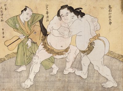 Brydekampen mellem Kimenzan Tanigoro og Edogasaki Gemji (træbloktryk i farver) af Katsukawa Shunsho