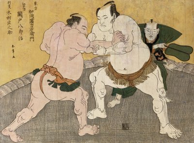 Brydekampen mellem Kimenzan Tanigoro og Edogasaki Gemji (træbloktryk i farver) af Katsukawa Shunsho