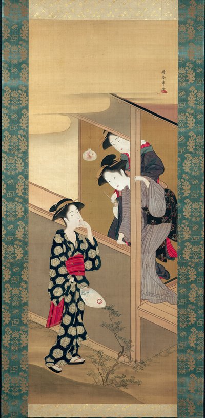 Tre skønheder, der chatter ved en veranda af Katsukawa Shunsho