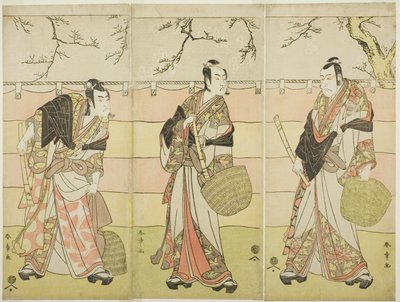 Three Komuso Monks: The Actors Ichikawa Ebizo (Danjuro V) som Kudo Suketsune (th), Ichikawa Monnosuke II som Soga no Juro Sukenari (i midten), og Ichikawa Omezo I som Soga no Goro Tokimune (venstre), i stykkets sjette akt Waka Murasaki Edokko Soga (bleg li af Katsukawa Shunsho