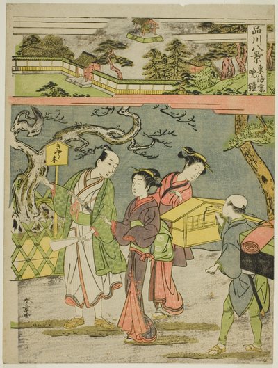 Og tavlen med afsløringen, fra Teseries "Shinagawa Hakkei (Eight Views of Shinagawa)" af Katsukawa Shunsho