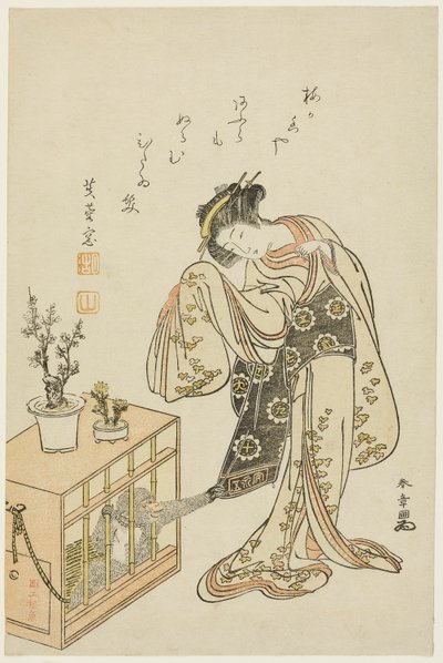 Ung kvinde med en abe i bur (kalendertryk til nytår 1776) af Katsukawa Shunsho