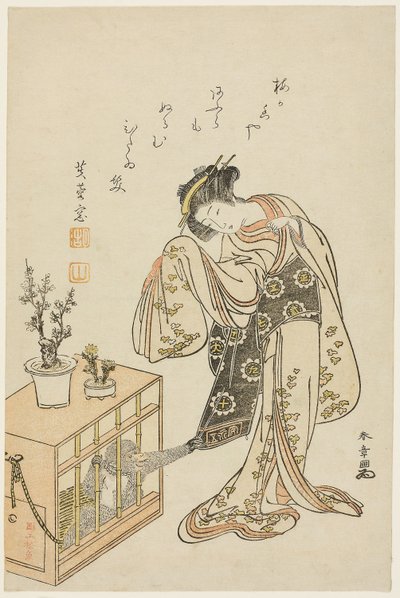 Ung kvinde med abe i bur (kalendertryk til nytår 1776) af Katsukawa Shunsho