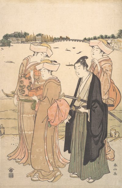 En ung samurai og tre kvinder, ca. 1789. af Katsukawa Shunzan