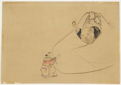 Hotei tilbyder flammende juvel til en lille dreng, ca. 1850 (blæk og farve på papir) af Katsushika (school of) Hokusai