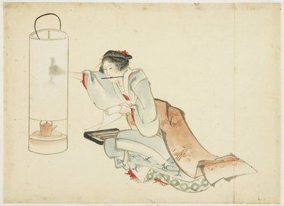 Lady Adjusting a Lamp, ca. 1815-1849 (blæk og farve på papir) af Katsushika (school of) Hokusai
