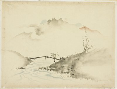 Landskab med Farmer Crossing Bridge, 1615-1868 (blæk og farve på papir) af Katsushika (school of) Hokusai