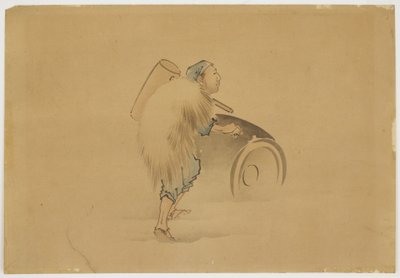 Man with Mallet Rolling Barrel, ca. 1850 (blæk og farve på papir) af Katsushika (school of) Hokusai