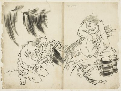 Personificering af Storm med Kintaro og Weeping Oni, ca. 1815-1849 (blæk på papir) af Katsushika (school of) Hokusai