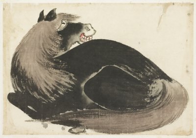 liggende hest af Katsushika (school of) Hokusai