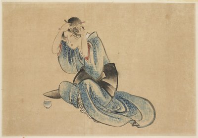 Siddende dame ved sit toilet af Katsushika (school of) Hokusai