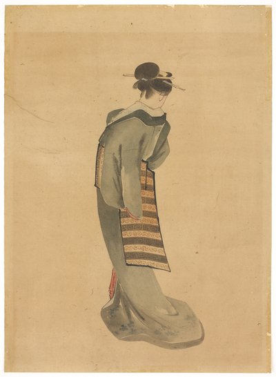 Standing Beauty (bagfra), ca. 1850 (blæk og farve på papir) af Katsushika (school of) Hokusai