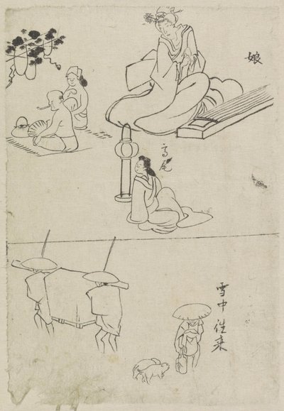Forskellige forestillinger, blandt andet en dame med en koto, en siddende dame og to mænd af After Katsushika Hokusai