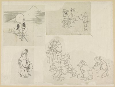 Fire scener med forskellige figurer af Katsushika Hokusai (possibly)