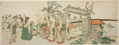En gruppe unge kvinder på vej ind i en gartneri have af Katsushika Hokusai