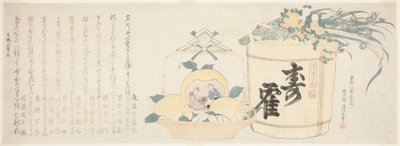 Tønde sake og kurv med appelsiner af Katsushika Hokusai
